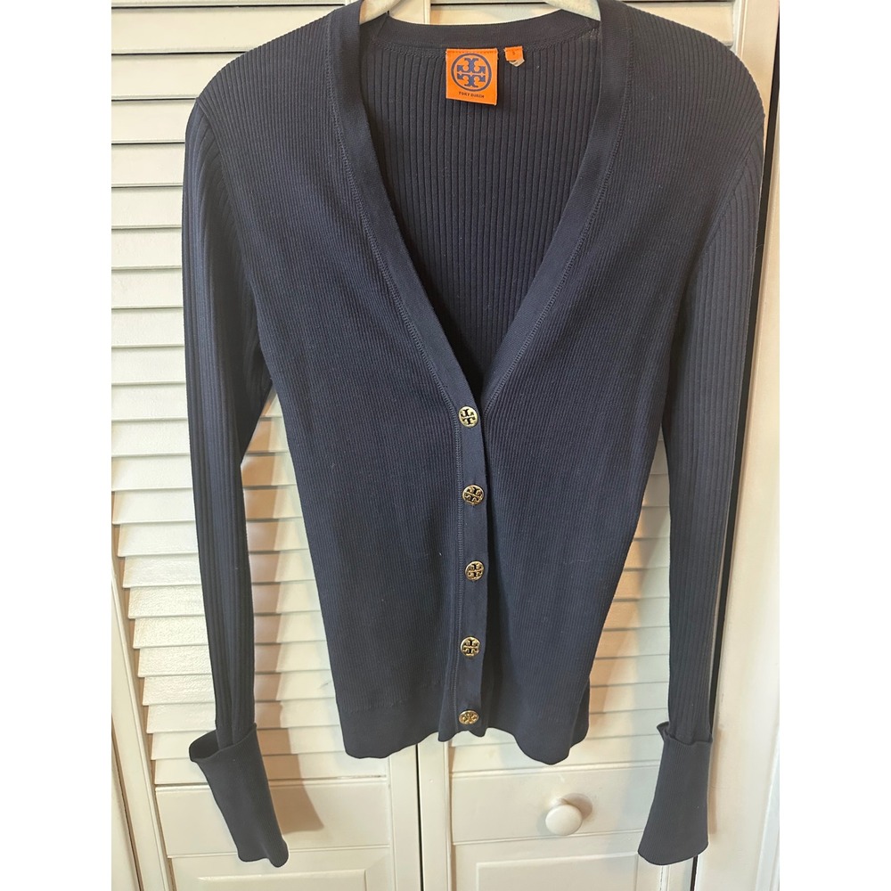 Tory Burch Navy Blue Ribbed Cotton V-Neck Cardigan Gold Logo Buttons Size S